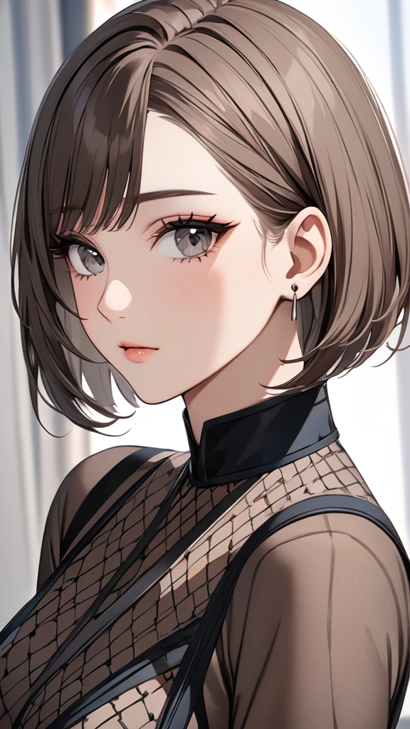 Highest quality masterpiece High resolution masterpiece Brown Bob Grey Eyes blunt cut Back Hair