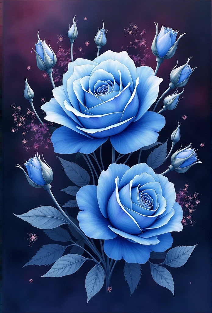 flower, a few of rose ,in the style of blue rose, dreamy and romantic compositions, pale petal, ethereal foliage, playful arrangements,fantasy, high contrast, ink strokes, explosions, over exposure, purple and red tone impression , abstract, ((watercolor painting by John Berkey and Jeremy Mann )) brush strokes, negative space, dark background