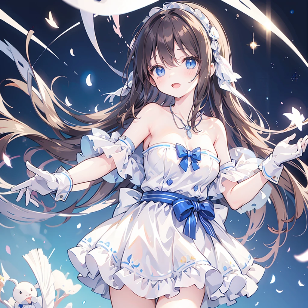 Daiwa Scarlet,Horse Girl,Brown Hair,Long twin tails,A rather large light blue hair clip,Small silver tiara,Slanted Eyes,Dazzling Smile,Thin thighs,A blue and white dress