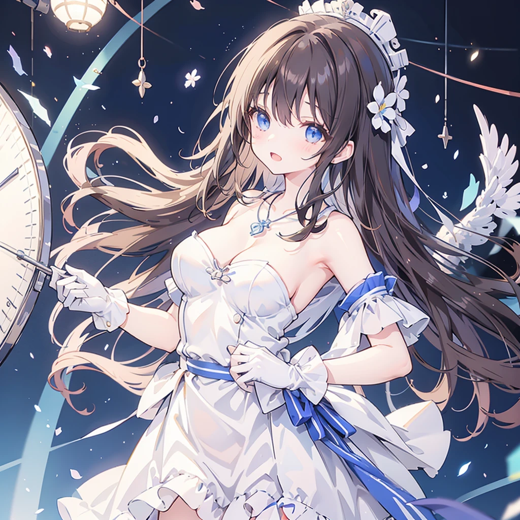 Sagisawa Fumika, 1 Girl, Solitary, watch, pendant watch, blue eyes, breast, Gloves, Headdress, skirt, Long hair, cleveage, Looking at the audience, white Gloves, Bare shoulders, open mouth, large breast, Strapless, Necklace, blush, white skirt, Black Hair, Brown hair, Hair between the eyes, Strapless skirt, clavicle, Smile, Bangs, on stage,