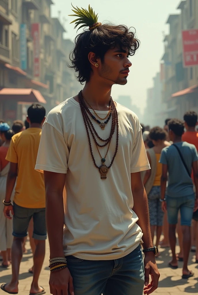 Sri Krishna wearing modern clothes and looking sadly at people who is suffering with rapes and murders.