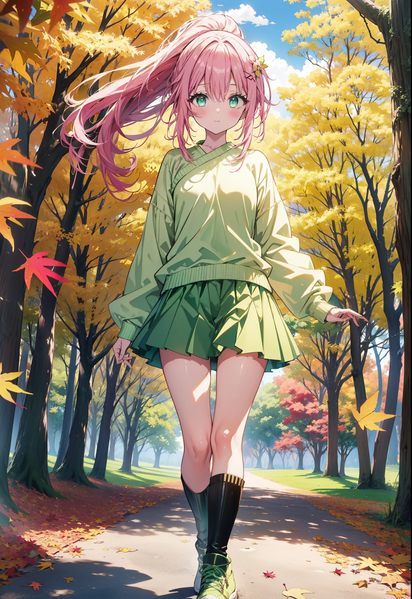 Laladevi Luke, Lara Deviluke, Long Hair, Pink Hair, tail, Ahoge, bangs, hair ornaments, (Green Eyes:1.5), smile,Open your mouth,ponytail,Open your mouth,blush,
break demon tail, One-shoulder sweater,mini skirt,Black pantyhose, short boots,Walking,autumn leaves,autumn leavesが散っている,autumn leavesが積もっている,Daytime,Clear skies,whole bodyがイラストに入るように,
break outdoors, forest,
break looking at viewer, whole body,
break (masterpiece:1.2), Highest quality, High resolution, unity 8k wallpaper, (figure:0.8), (beautiful detailed eyes:1.6), extremely detailed face, Perfect lighting, extremely detailed CG, (Perfect hands, Perfect Anatomy),