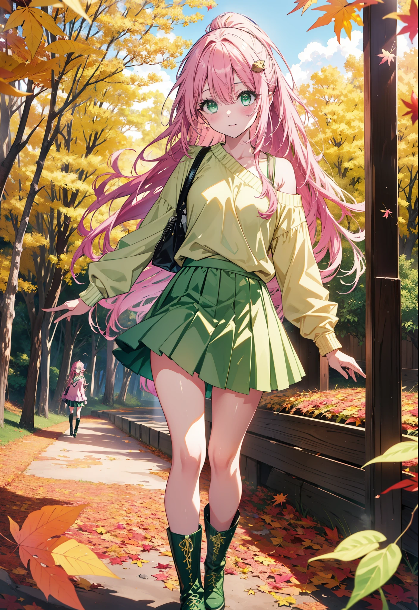 Laladevi Luke, Lara Deviluke, Long Hair, Pink Hair, tail, Ahoge, bangs, hair ornaments, (Green Eyes:1.5), smile,Open your mouth,ponytail,Open your mouth,blush,
break demon tail, One-shoulder sweater,mini skirt,black tights, short boots,Walking,autumn leaves,autumn leavesが散っている,autumn leavesが積もっている,Daytime,Clear skies,whole bodyがイラストに入るように,
break outdoors, forest,
break looking at viewer, whole body,
break (masterpiece:1.2), Highest quality, High resolution, unity 8k wallpaper, (figure:0.8), (beautiful detailed eyes:1.6), extremely detailed face, Perfect lighting, extremely detailed CG, (Perfect hands, Perfect Anatomy),