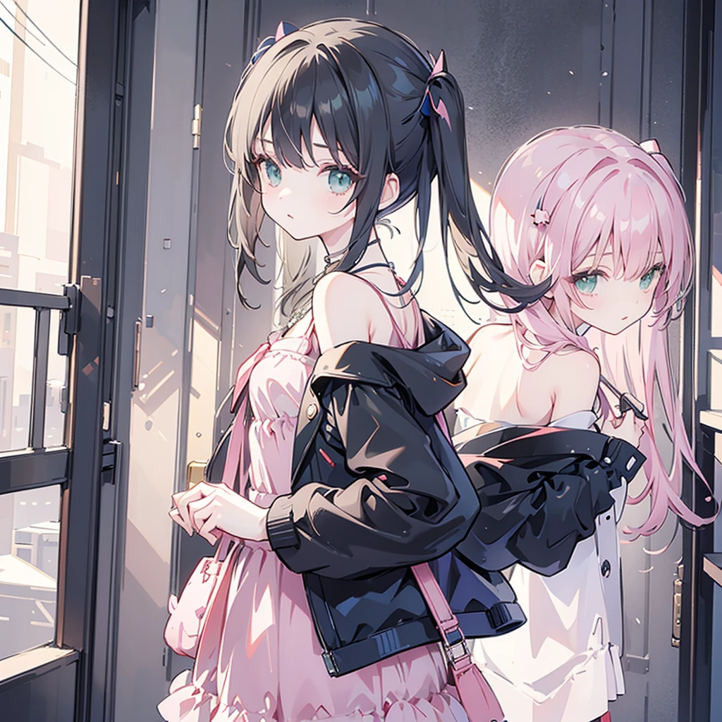 beautiful, masterpiece, best quality, Extremely detailed face, Perfect lighting, 1 Girl, Solitary, sketch, Marnie (Pokémon), Green Eyes, Asymmetrical bangs, 背Bag, Bag, black Necklace, black jacket, Vague, Vague background, Necklace, Shut up, skirt, From the back, indoors, jacket, Long sleeve, Looking at the audience, look back, Off-shoulder, pink skirt, red Bag, Solitary