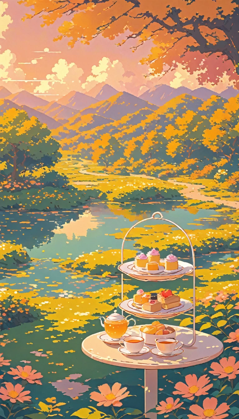 nature ultrawide landscape lofi pixel, No people ,Cozy,Orange Pink,Afternoon Tea