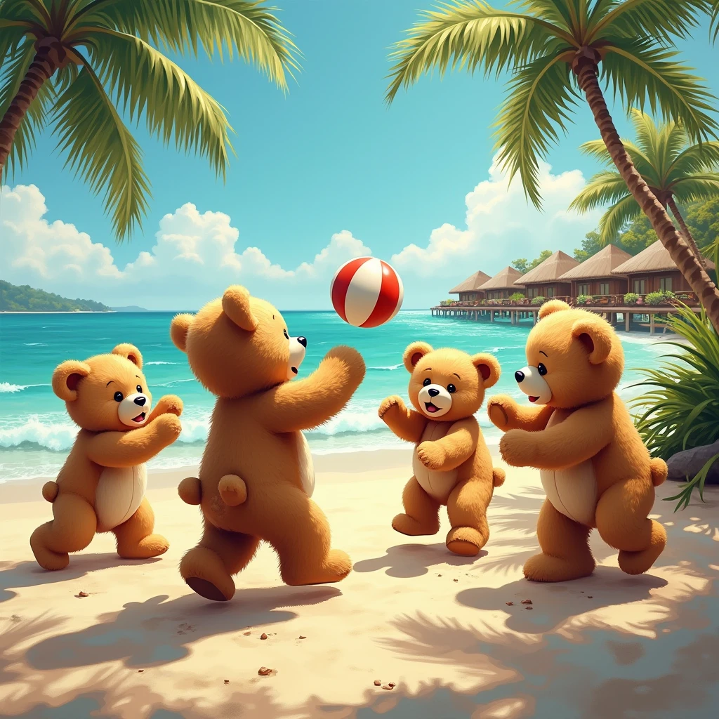 Teddy Bear Plays Ball with Other Teddy Bears, Beach Beautiful Fur Shines, restают Медведи Купаются, Lots of Bears, Large Wide Format Painting, dynamic shadows, Warmth, Sun Shines, Punches, sea breeze, fun, rest, joy, All is well, Bungalow buildings are visible, palm trees,