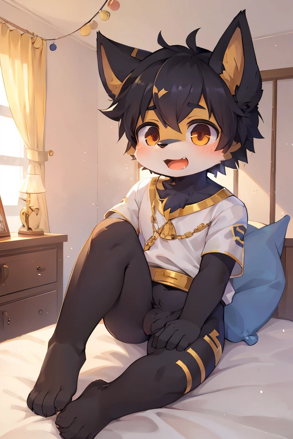 (epic, dynamic angle)top quality, best quality, High-quality , (Kemoshota) ( boy, furry anthro), kemoshota, anubis boy, dog boy, black fur, short statue, innocent, naivety, looking at viewer, Egypt adorns, dynamic angle, from birds point of view, short height, young boy, open mouth, friendly monster anubis boy, affected, relaxed, lovely boy, bed room, very young furry boy, 6years old kemoshota boy, adorable, kawaii, naked