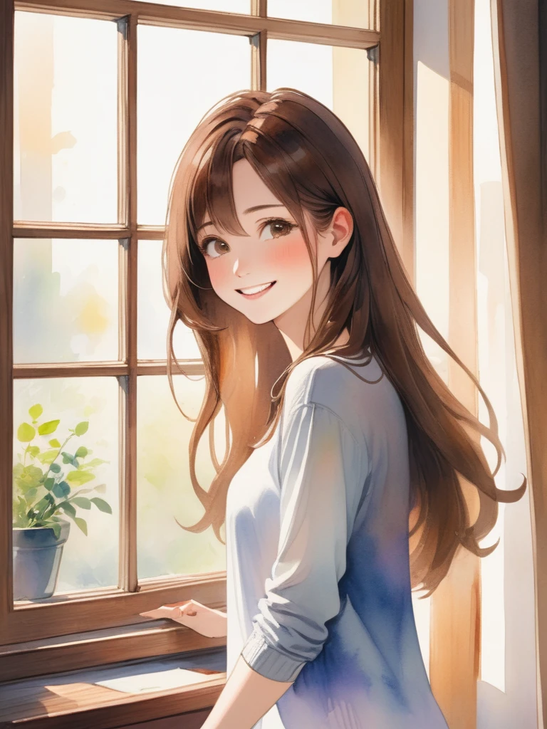 アニメのwoman、Medium-long hair、Brown Hair、Look at me and smile、work、Adult、woman、refresh、、Vivid、Vibrant、Very fine watercolor painting、The soft light is hitting my face、Adultのwoman、indoor、window、Straight hair、Slim figure、黒いスーツの中に白いワイシャツを着ているAdultのwoman、