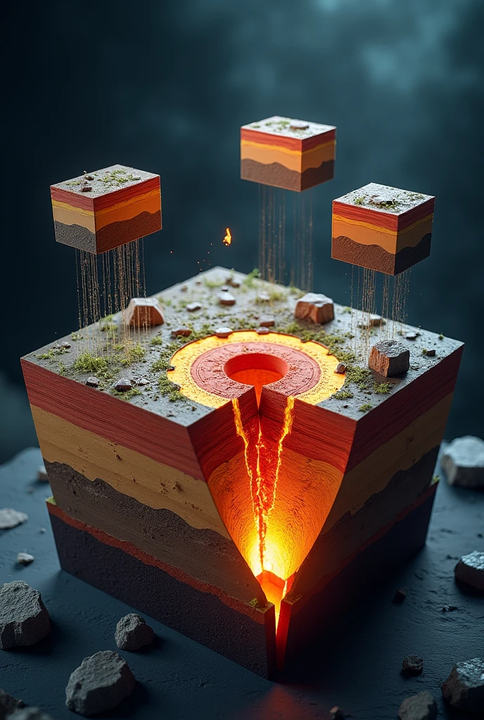 Generate me a 3d box image of how earthquakes work like divergent, convergent, and transform
