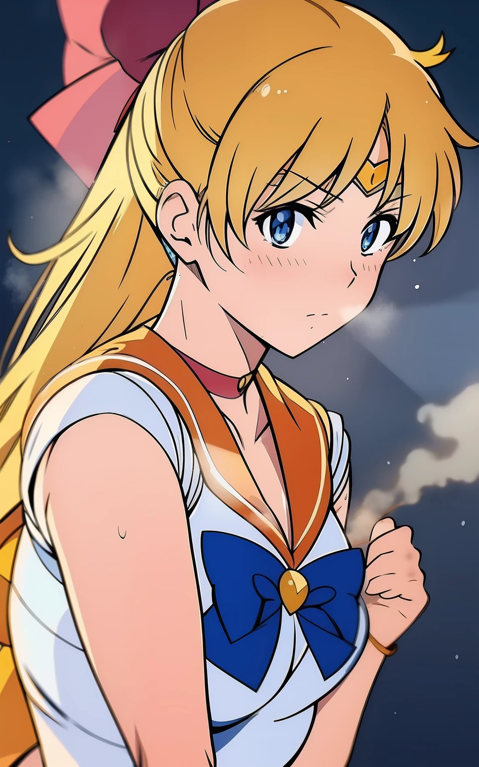 girl, sweat, steam, medium breast, shy, detailed hand, looking at viewer, sailor venus