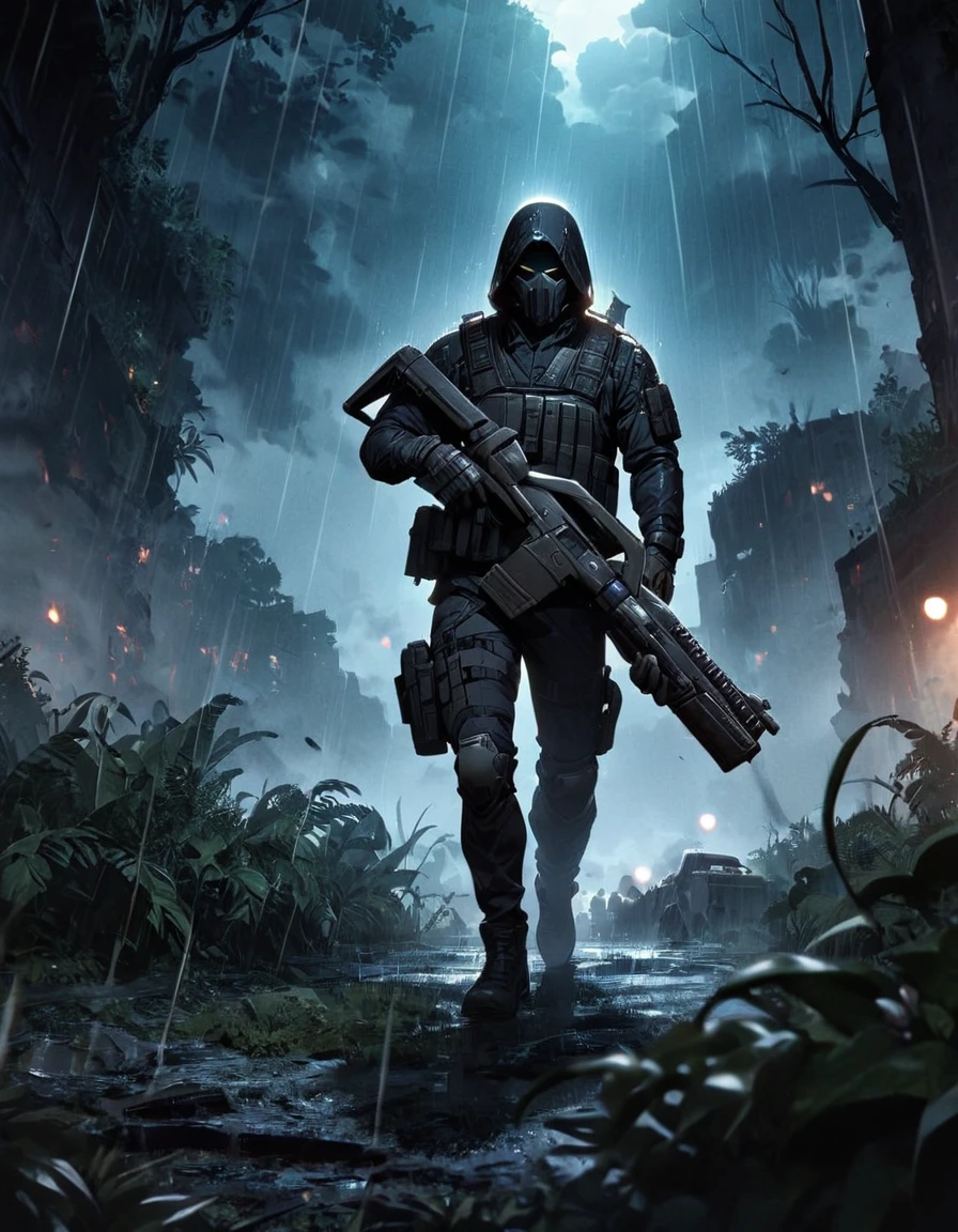 Masterpiece, best quality, 1 man, A 30-year-old man, Focus Man, alone, alone focus, black hair, Turquoise eyes, Black bulletproof vest, Mercenaries, (Holding an assault rifle),M16 A4 rifle, Standing position, Standing positionยิง, Battlefield backdrop,jungle, Dark theme, Overgrown forest, Diffused light, rain, Moonlit clouds, War zone, serious, A solemn face, Hazardous atmosphere.