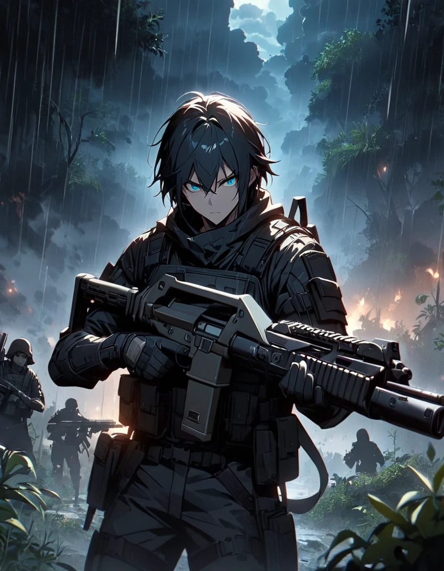 Masterpiece, best quality, 1 man, A 30-year-old man, Focus Man, alone, alone focus, black hair, Turquoise eyes, Black bulletproof vest, Mercenaries, (Holding an assault rifle),M16 A4 rifle, Standing position, Standing positionยิง, Battlefield backdrop,jungle, Dark theme, Overgrown forest, Diffused light, rain, Moonlit clouds, War zone, serious, A solemn face, Hazardous atmosphere.