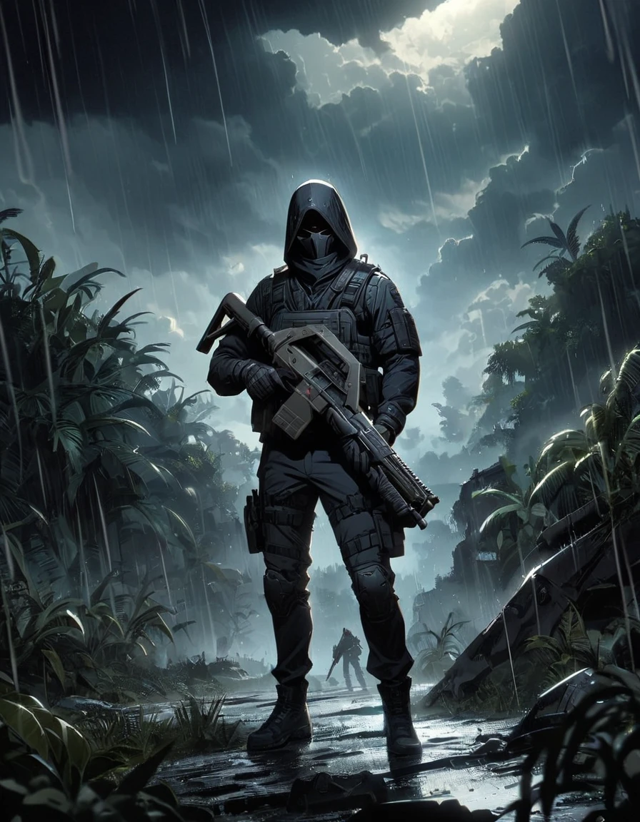 Masterpiece, best quality, 1 man, A 30-year-old man, Focus Man, alone, alone focus, black hair, Turquoise eyes, Black bulletproof vest, Mercenaries, (Holding an assault rifle),M16 A4 rifle, Standing position, Standing positionยิง, Battlefield backdrop,jungle, Dark theme, Overgrown forest, Diffused light, rain, Moonlit clouds, War zone, serious, A solemn face, Hazardous atmosphere.