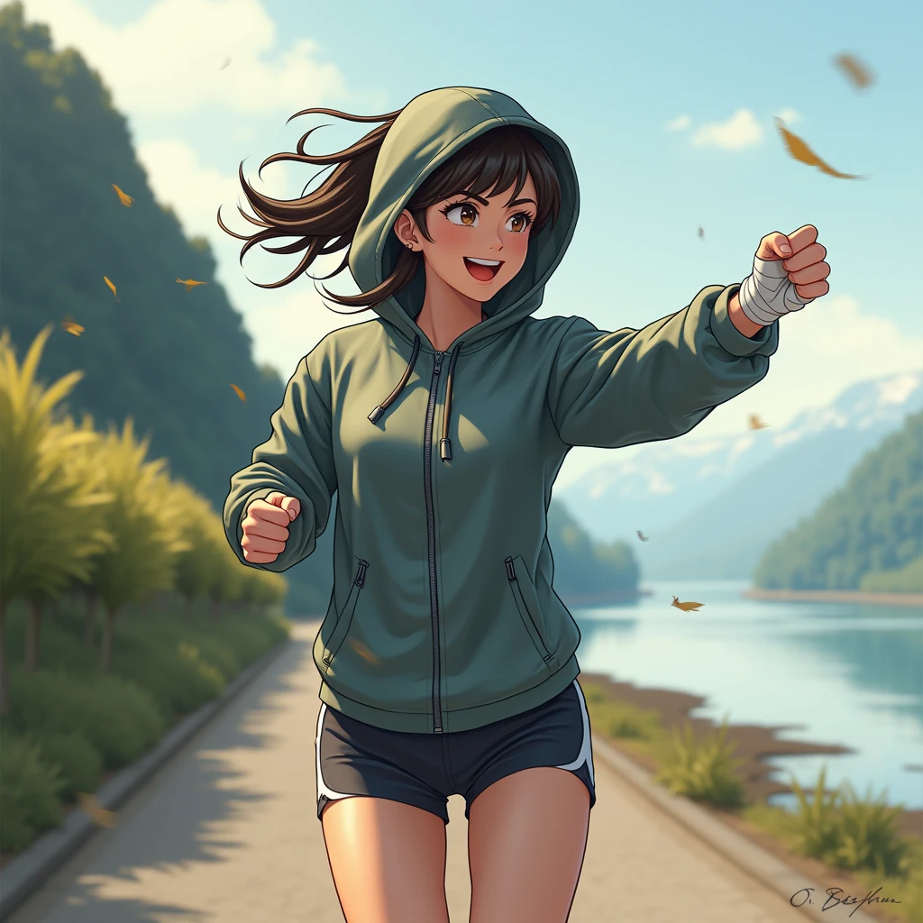 (masterpiece, Highest quality), One person, Pick and throw away, Cute girl、Small breasts, Cool smile、jogging, punch, Outstretched fist, river, Embankment, Steep grassy slope, Bandaged hand, Hood Cover Head, Hooded jacket, Sports shorts, Sweat, Breathtaking, Wind
