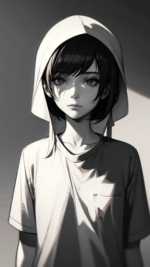 1 boyish girl, solo, monochrome, greyscale, short black hair, portrait, T-shirt, closed mouth, looking at viewer, sketch, graphite \(medium\), detailed lips, hatching \(texture\), without makeup, bangs, upper body, (best illustration), (best quality), (very detailed), (masterpiece), expressionless, bags under eyes,