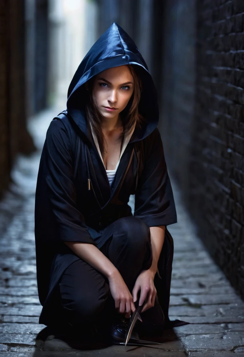 Masterpiece, Best Quality, 1girl, solo, brown hair, small elf ears, small pointy ears, female, androgynous, dark blue eyes, tan skin, black robes, hood over head, shadows, knife, crouched, hiding, alleyway, night, dark