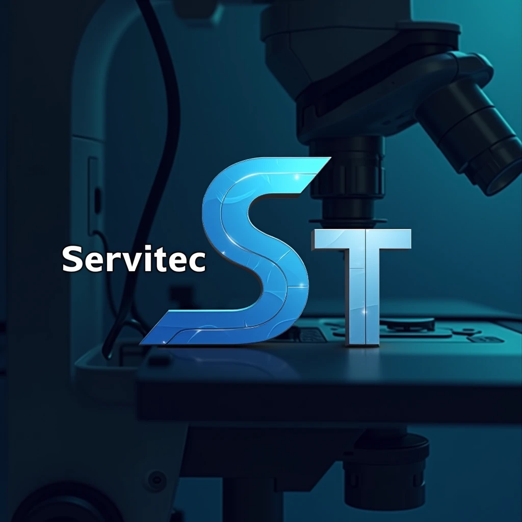 Logo for ServiTec using the S and T and with the silhouette of an electronic microscope in the background, that the image is FHD That the word ServiTec is read in full and clear