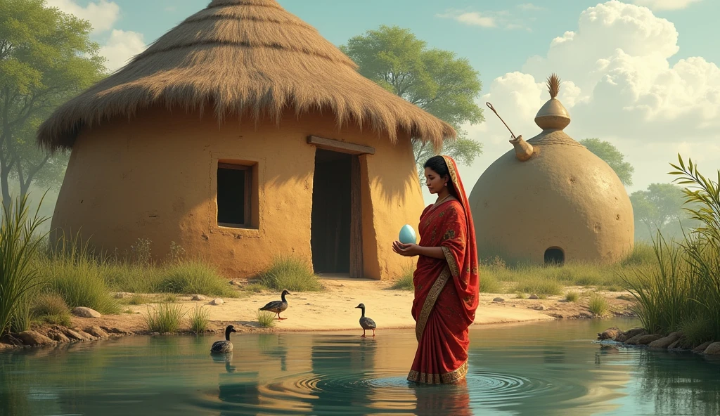 A mud house. Gourd loft next to the house. A pond in front of the house. A few ducks in that pond. In that pond, a woman wearing a sari is holding a duck egg in her hand 