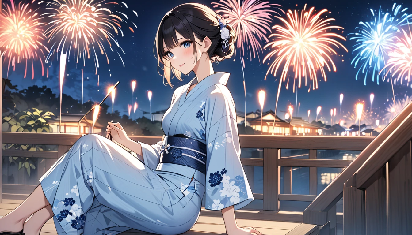 Highest quality,Wearing a yukata,firework,Night Sky