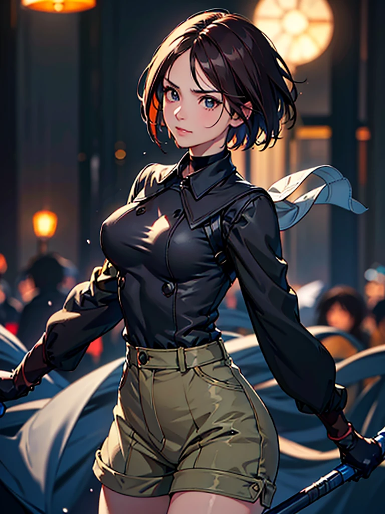 (at night), in a video game scene in the background of a beautiful city at night, raining, alone, standing looking straight ahead, military green military clothing, black gloves, semi-short hair, ((semi-short hair) short)), 1 girl, 30 years old, young woman, perfect hands, Beautiful fingers, Beautiful long legs, Beautiful body, Beautiful nose, Beautiful character design, perfect face, looking straight at the viewer with a serious and very upset gesture, brings grabbed a whip in his black hand (focusing on his face), closed mouth, light_smile, official art, extremely detailed CG unity 8k wallpaper, perfect lighting, bright and colorful front lighting, glowing skin (masterpiece: 1.0) , (Best_quality: 1.0), ultra High resolution, 4k, ultra detailed photography, 8K, hdr, High resolution, Nonsense:1.2, Kodak portrait 400, film grain, Background blur, bokeh:1.2, Lens flare, (vibrant_color :1.2), professional photography, (Beautiful, breasts: 1.4), (Beautiful_face: 1.5), (narrow waist),
