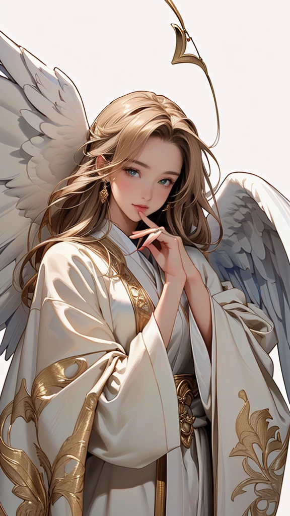 ((masterpiece, Highest quality, High resolution)), ((Highly detailed CG integrated 8K wallpaper)), Cupid with a bow, Arrow with heart-shaped tip, Target your audience, whole body, A thin, flowing robe that wraps around the body, Angel Wings, Angel Ring, A scene from Greek mythology,