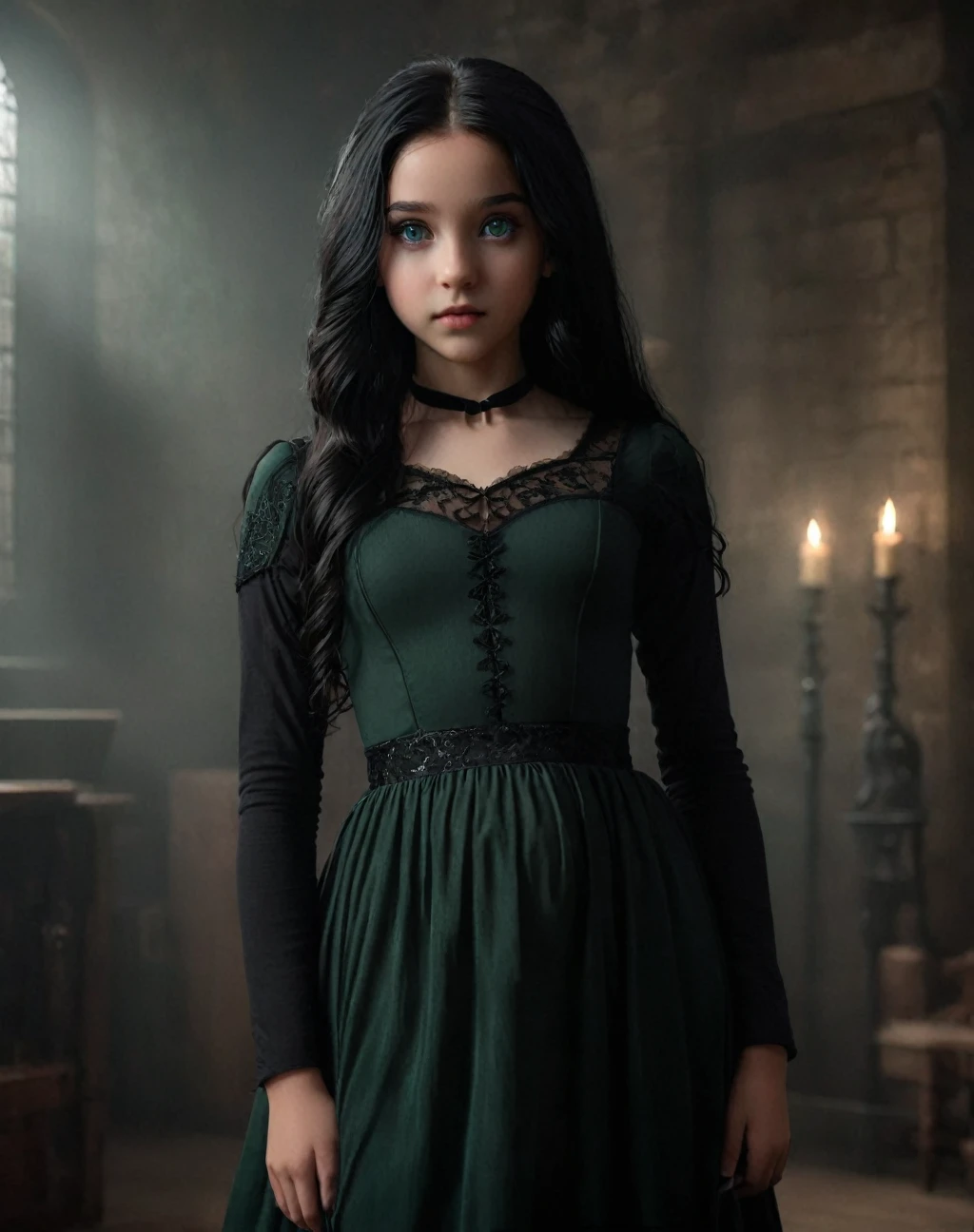 severus snape's daughter,(((11years old))),a beautiful young girl with long black hair, green eyes, and a slightly pregnant belly, wearing a black dress and standing in a dark, moody setting, (best quality,4k,8k,highres,masterpiece:1.2),ultra-detailed,(realistic,photorealistic,photo-realistic:1.37),dark fantasy,dramatic lighting,cinematic,highly detailed face and eyes,intricate details,chiaroscuro,elegant,mystical,atmospheric,moody,dark,sensual,erotic