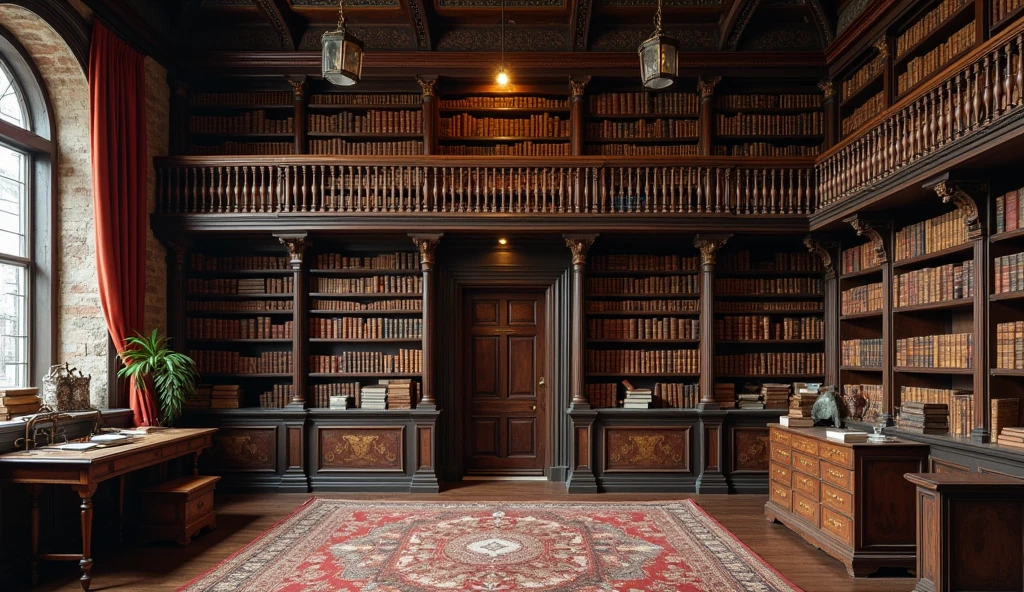 Ancient books neatly arranged on two-story bookshelves，american retro style，ancient library，gothic library