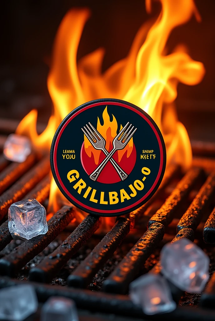 Promotional image featuring a circular logo in the center with a white background. The logo includes a stylized flame in red, orange, and yellow hues, with two crossed forks in the middle. Below the flame, the text 'GRILLBAJO-0' is prominently displayed in bold, black, uppercase letters with a slight arch. Underneath 'GRILLBAJO-0,' the words are written in smaller, black, uppercase letters. Surrounding the logo, there is a background of a grill with metal grates, and flames rising from it. Ice cubes are scattered around the grill, adding a contrasting element to the fiery background.