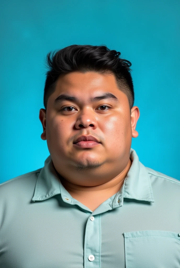 CREATE AN IMAGE OF A AGE FAT BOY, FOR THE YEARBOOK PHOTOGRAPHY, AQUAMARINE BLUE BACKGROUND, with latin features
