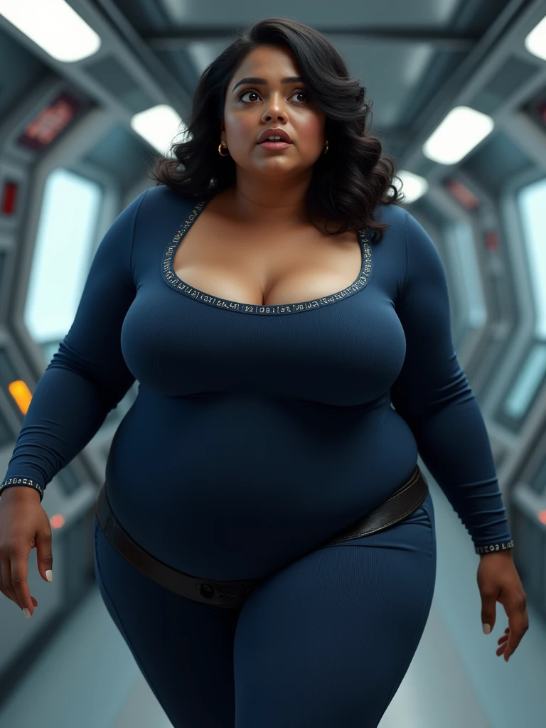 Indian woman Savita, on a spaceship, ((wearing Navy Blue edgbodytape)), overweight bodyshape, looking at viewer wide-eyed, dynamic pose, black hair, spaceship panel in background