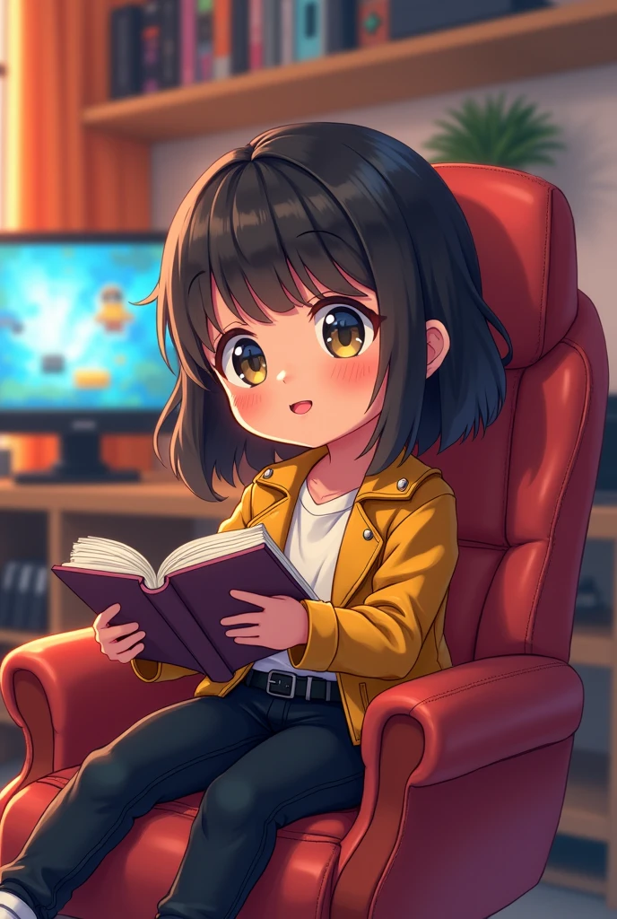 An anime girl around 2 sitting in her gaming room and telling a story. She is Wearing a yellow leather jacket a white T-shirt and black jeans
