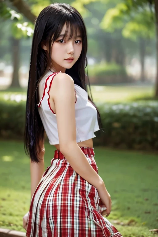 A young casian woman with long dark hair wearing a red and white checkered top, a red skirt, and a red bow in her hair, standing in front of a green background