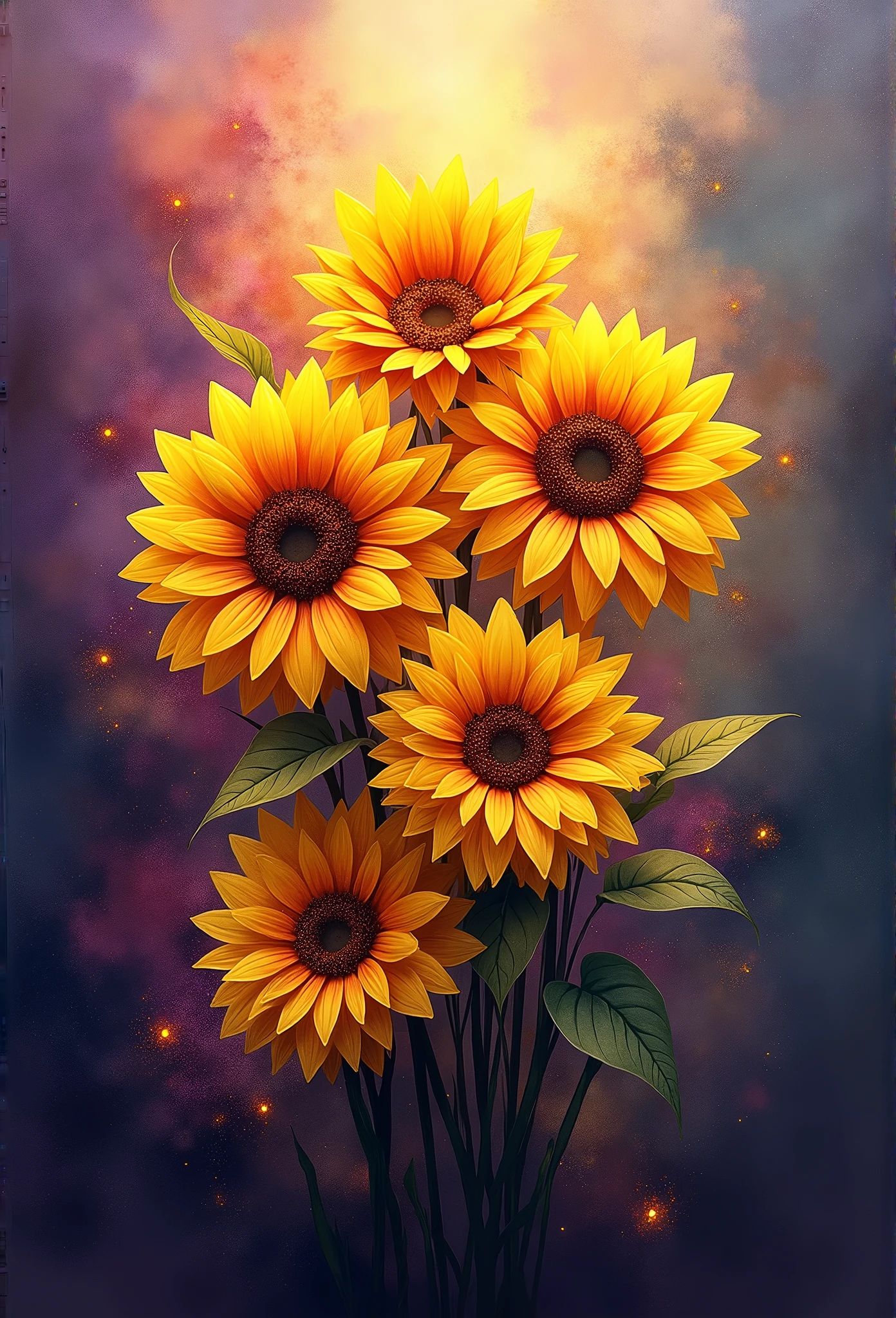 flower, a few of sunflowers ,in the style of light yellow and orange in the center, dreamy and romantic compositions, pale yellow, ethereal foliage, playful arrangements,fantasy, high contrast, ink strokes, explosions, over exposure, purple and red tone impression , abstract, ((watercolor painting by John Berkey and Jeremy Mann )) brush strokes, negative space, dark background