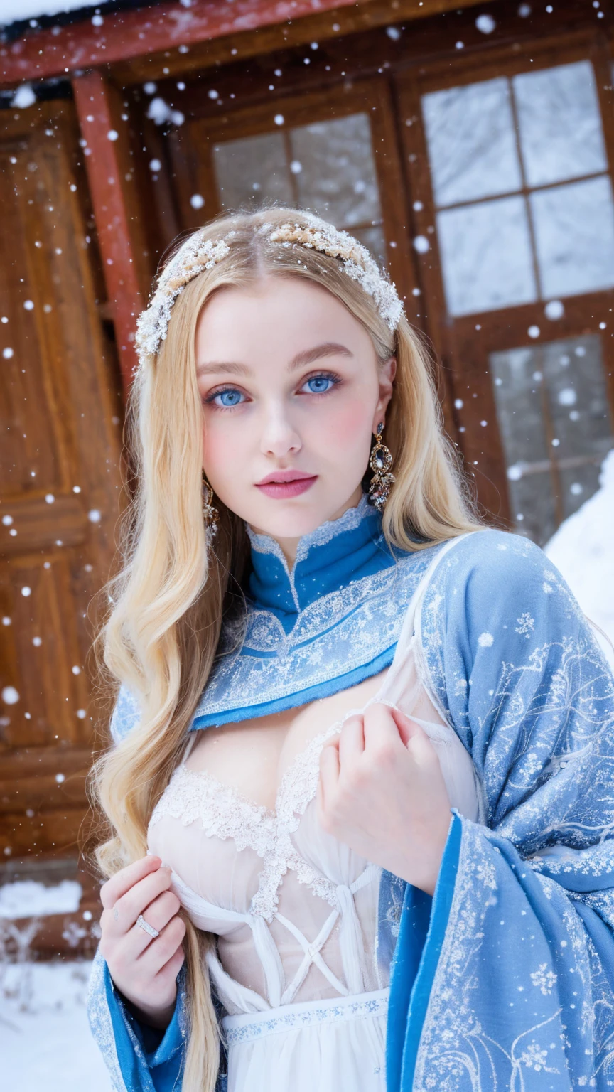 Beautiful girl - Lily Rose Depp, blue eyes, long curly white hair witg, detailed facial traits, beautiful earrings, national turkic female dress, naked breasts, yurta behind, it's snowing, sexy pose