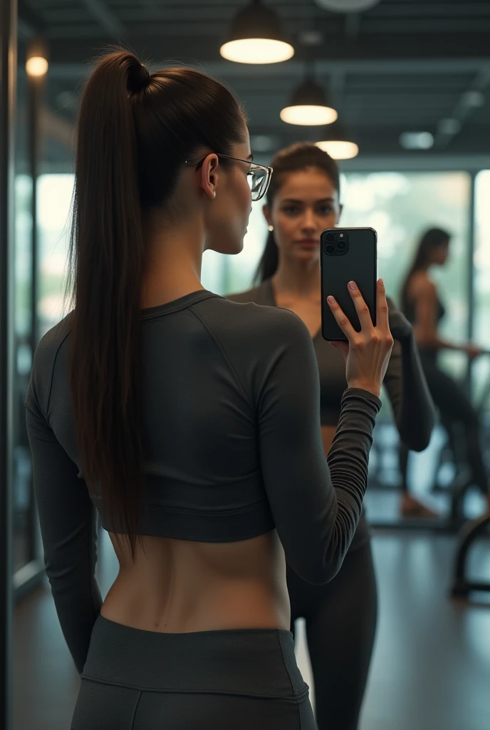 (photorealism:1.2), beautiful pakistani woman wear gym suite trouser long shirt body cover track suite Iphone selfie look infront of mirror stand in gym white skin tone long hair pony tail eyesight glasses 34 figure