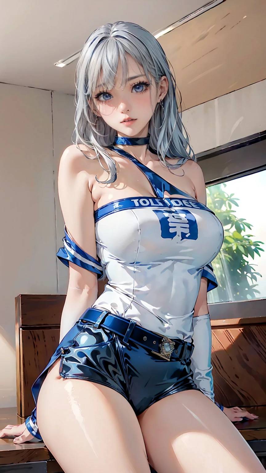 8k,highres,Ultra-high resolution, Ultra-high resolution, Ultra-high resolution, Ultra-high resolution,Detailed depiction, Simple Background, masterpiece, Great illustrations, Beautiful Face,Busty female police officer,光沢のbelt付きタイトスカート,Silver Hair、Bold off-the-shoulder uniform,Embarrassed expression, Cowboy Shot, Office Background, indoor, (belt, tight belt), (choker, White sleeves), Big Blue Eyes、Tempting、City of night、Glossy skin,Shiny, shiny vinyl clothing,Adult、ribbon,Red cheeks,Sexy pose、Sitting、Sulky face、Upper body emphasis,Very large breasts、princess、Looking down、A look of contempt、sadist,Looking down,From below,On the roof of an office building、