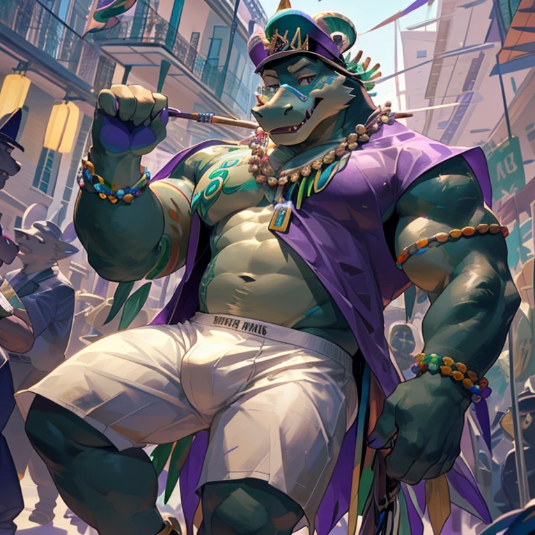 solo, male, medium muscular, Crocodile, in white underwear, underwear, Playing an Archode, ((focus body, furry focus, shades focus, body shades)) (((New Orleans, Mardi Gras))), By darkgem, that mystikfox61, by glitter trap boy