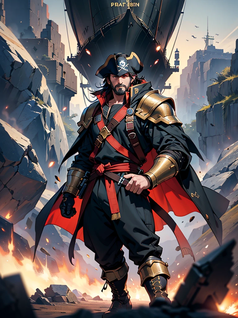 Space action movie poster. Best quality, masterpiece, a high resolution, One, One focus, 1 boy, mature man, black hair, Red eyes, (perfectly drawn face), facial hair, Smirks, (Long sleeves, Pirate Costume, pirate hat, Pirate boots), space background, standing on the wheelhouse of a space pirate ship, V-shaped eyebrows, Evil grin, There is a space battle in the background, battleship explosions, Wearing the Desert Cloak, Wearing full heavy mecha armor, Fighting pose, War of alien civilizations, The smoke from the gun fills, Soldier in armor, full armor, Against the backdrop of a bright space battle and explosions of space battleships, almost perfect, Light red color, Scatters gold coins. In its purest form, intricate details, Post-production 8K, high resolution, super detail, trending on artstation, Sharp Focus, intricate details, Very detailed, dynamic movement, engineering ingenuity, hard breath, (oppressive attack)