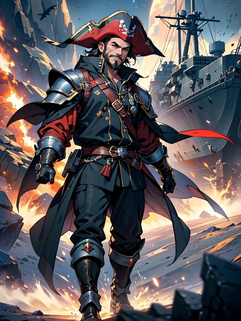 Space action movie poster. Best quality, masterpiece, a high resolution, One, One focus, 1 boy, mature man, black hair, Red eyes, (perfectly drawn face), facial hair, Smirks, (Long sleeves, Pirate Costume, pirate hat, Pirate boots), space background, standing on the wheelhouse of a space pirate ship, V-shaped eyebrows, Evil grin, There is a space battle in the background, battleship explosions, Wearing the Desert Cloak, Wearing full heavy mecha armor, Fighting pose, War of alien civilizations, The smoke from the gun fills, Soldier in armor, full armor, Against the backdrop of a bright space battle and explosions of space battleships, almost perfect, Light red color, Scatters gold coins. In its purest form, intricate details, Post-production 8K, high resolution, super detail, trending on artstation, Sharp Focus, intricate details, Very detailed, dynamic movement, engineering ingenuity, hard breath, (oppressive attack)