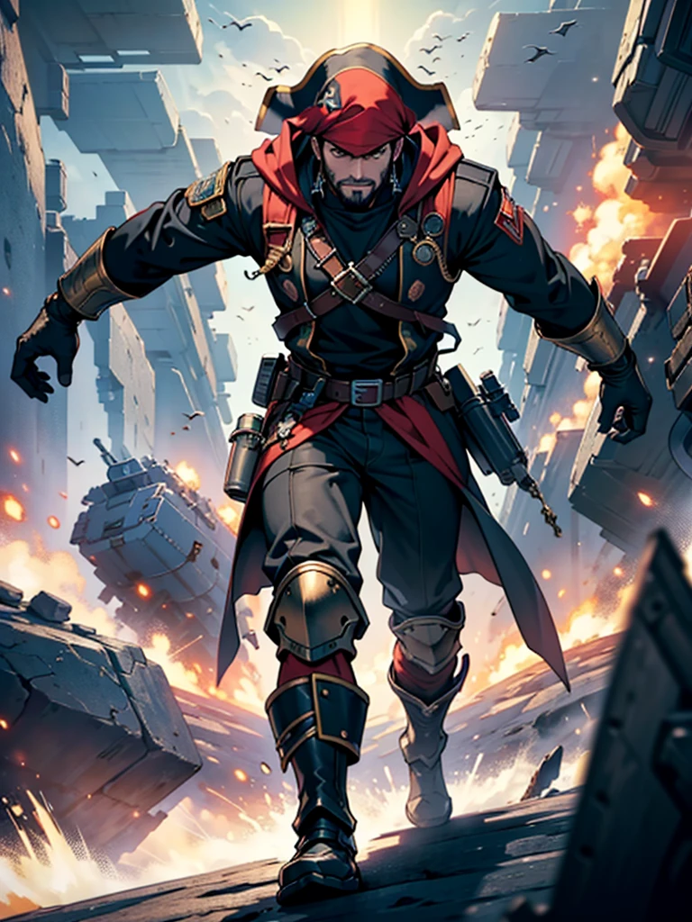 Space action movie poster. Best quality, masterpiece, a high resolution, One, One focus, 1 boy, mature man, black hair, Red eyes, (perfectly drawn face), facial hair, Smirks, (Long sleeves, Pirate Costume, pirate hat, Pirate boots), space background, standing on the wheelhouse of a space pirate ship, V-shaped eyebrows, Evil grin, There is a space battle in the background, battleship explosions, Wearing the Desert Cloak, Wearing full heavy mecha armor, Fighting pose, War of alien civilizations, The smoke from the gun fills, Soldier in armor, full armor, Against the backdrop of a bright space battle and explosions of space battleships, almost perfect, Light red color, Scatters gold coins. In its purest form, intricate details, Post-production 8K, high resolution, super detail, trending on artstation, Sharp Focus, intricate details, Very detailed, dynamic movement, engineering ingenuity, hard breath, (oppressive attack)