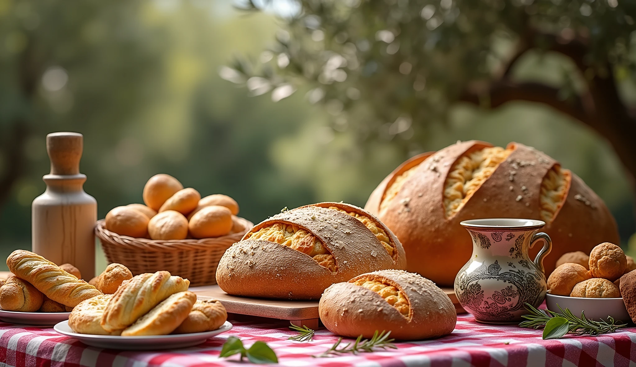 A photorealistic image captures a rustic Italian scene, with a wooden table set outdoors, covered by a traditional, slightly worn, red-and-white checkered tablecloth. The table is laden with an array of mouthwatering baked goods, all typical of Southern Italian tradition.

In the center of the table, there’s a large, golden loaf of rustic bread, its crust cracked and crispy, revealing a soft, airy interior. Surrounding the bread are freshly baked focaccias, their tops sprinkled with coarse sea salt, rosemary, and a drizzle of olive oil, giving off an irresistible aroma. There are also plates filled with taralli, their crunchy, twisted shapes reflecting the sunlight, and a basket brimming with simple, yet delicious, anise-flavored biscotti, golden and ready to be dipped in coffee.

Scattered around the table are various kitchen utensils that add to the authenticity of the scene—an old wooden rolling pin with flour dusting its surface, a well-used bread knife with a wooden handle, and a few ceramic plates and bowls that have a rustic, hand-painted design. A bottle of olive oil and a small dish of olives sit to the side, along with a few sprigs of fresh rosemary and basil, adding to the overall atmosphere of an Italian countryside meal.

The sunlight filters through nearby olive trees, casting dappled shadows over the table and enhancing the warm, inviting colors of the baked goods. The overall scene is one of abundance, warmth, and tradition, evoking the simple yet rich culinary heritage of Southern Italy.