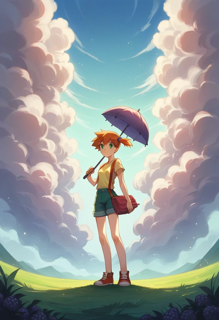 Misty_Pokemon)
(Berry Short,Orange Hair,one side up hair,Big green eyes,Small breasts,Skinny) holding an umbrella stands in the middle of purple lavender fields, in the style of Ghibli, in the anime style, full body shot, wide angle, in the style of Miyazaki Hayao, soft light, simple background, distant mountains, detailed, high resolution.