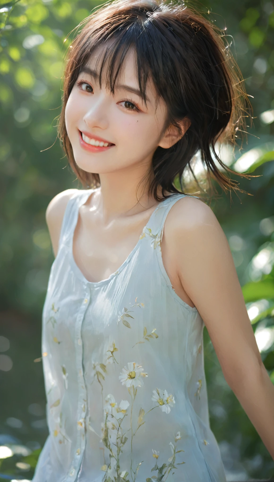 (masterpiece), (best quality), (Super Detail), (Messy hair), (illustration), (1 名girl), (interview), (Brief Background), Beautiful and delicate eyes, Delicate and beautiful face, floating, (High Saturation), (shine), Focus on the face, Black Hair, Bangs, A wide smile, floating Hair. girl, girl in love, pixiv illustrations, Top quality, Extremely detailed, Smile, clever, Pretty Face, 4K, nature, Sunlight shining through the trees,