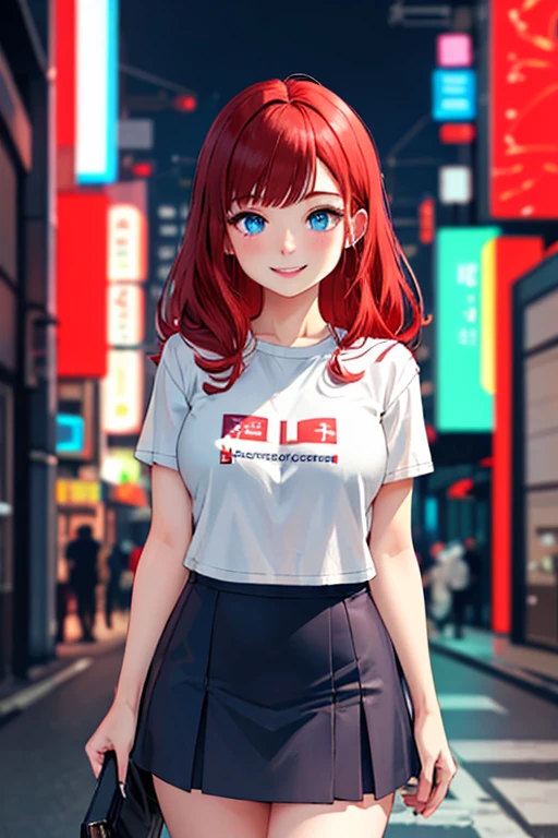 high quality, subsurface scattering, chromatic lighting,
colorized, red + white limited color palette,
detailed concept drawing,
Shibuya street girl, cyberpunk, futuristic,
portrait, 20yo 1girl, medium soft breasts, slender, skirt, long red hair, blue eyes, smiling