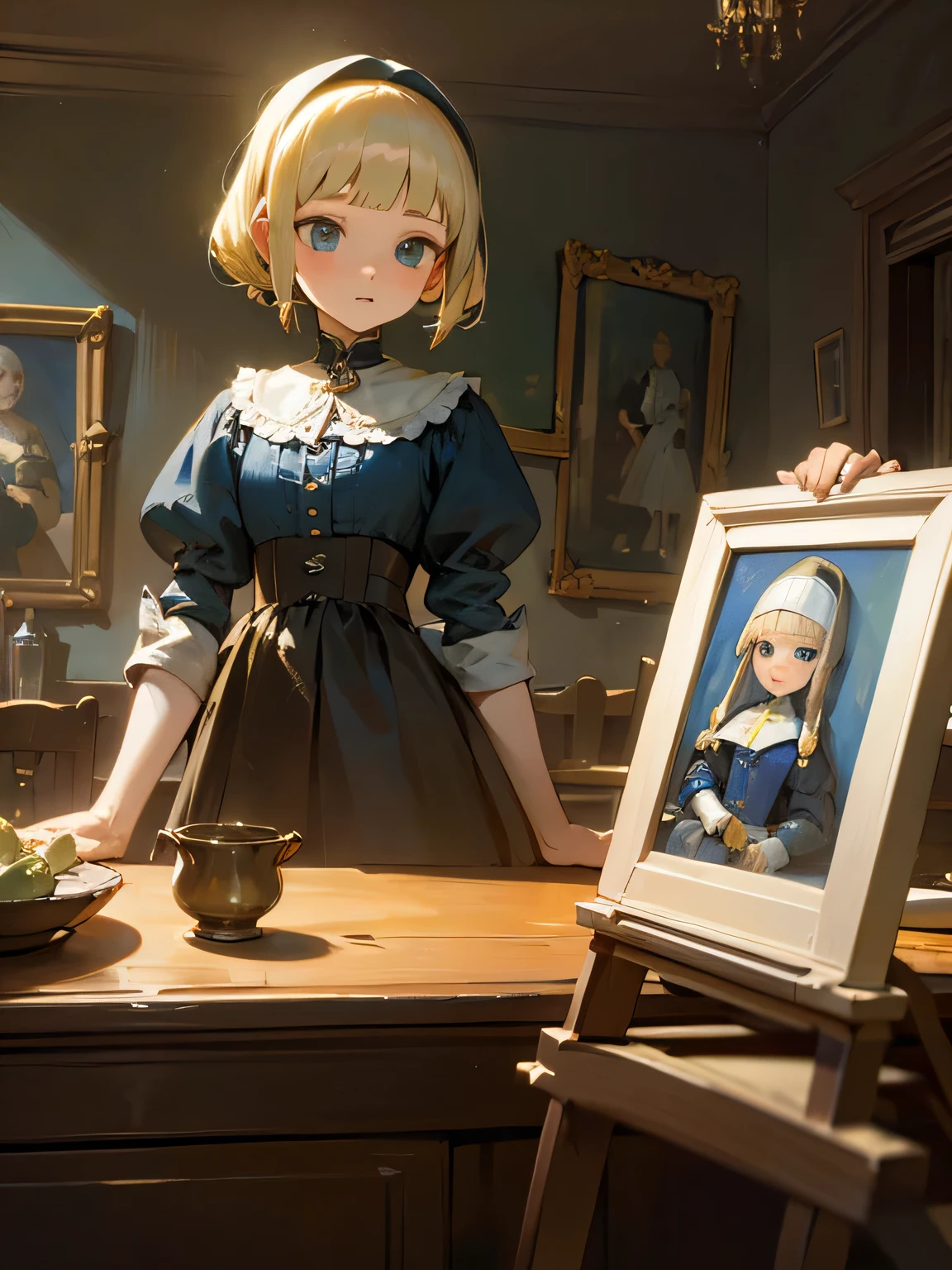 Tabletop, girl,World Masterpiece Theatre, Ride Blonde Hair, Adult Silver Lady, shape, Looking at the audience, Material, canvas, Oil, Vermeer Artist ,
