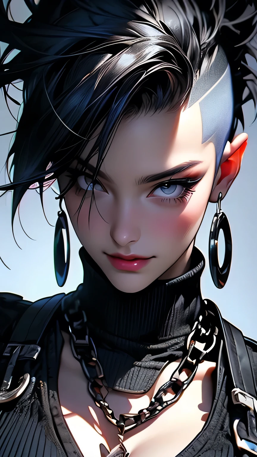 Face close-up、Professional:1.Six models, (最high quality, 4K, 8k, High resolution, masterpiece:1.2), Very detailed, Realist, Punk Style, Punk Fashion, Spiked clothing, Chain Accessories, Rebel Pose, Mohawk Alto, Fancy rainbow hair, (Night forest background), Studio Lighting, Dynamic poses and grace、masterpiece, 最high quality, high quality, High resolution, ((Face close-up)), Face close-up、super big breasts sexy、With a smile