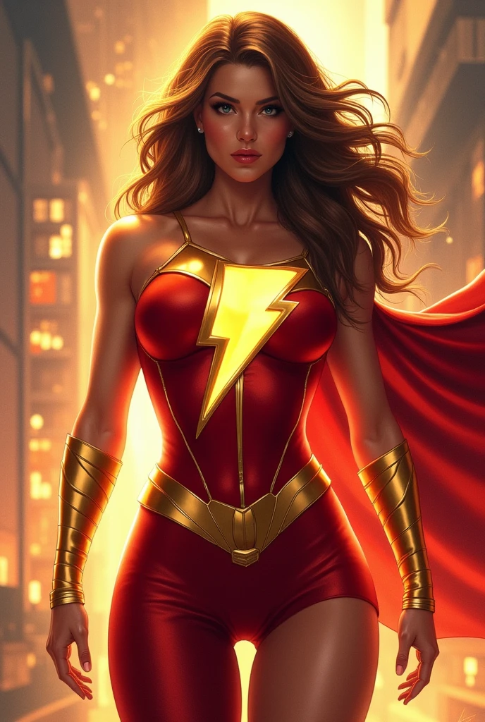 A MUSCULAR SUPERGIRL, hot and sexy, COMPLETE WITH AN EROTIC SHAZAM CORSET AND CAPE COSTUME. TAN SUPERCHICA SEXY