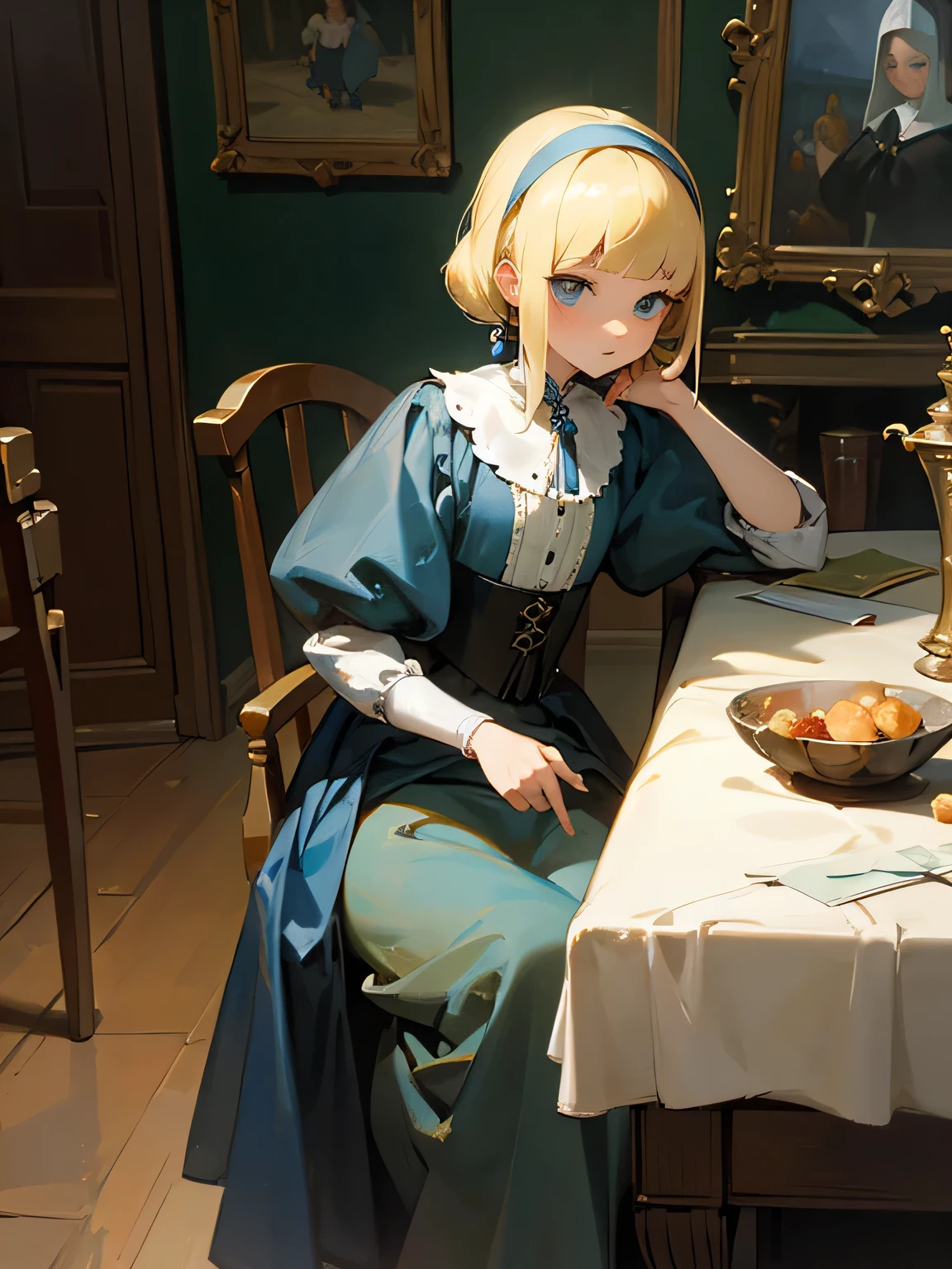 Tabletop, girl,World Masterpiece Theatre, Ride Blonde Hair,  Adult Silver Lady,  shape, Looking at the audience, Material, canvas, Oil,  Vermeer Artist ,