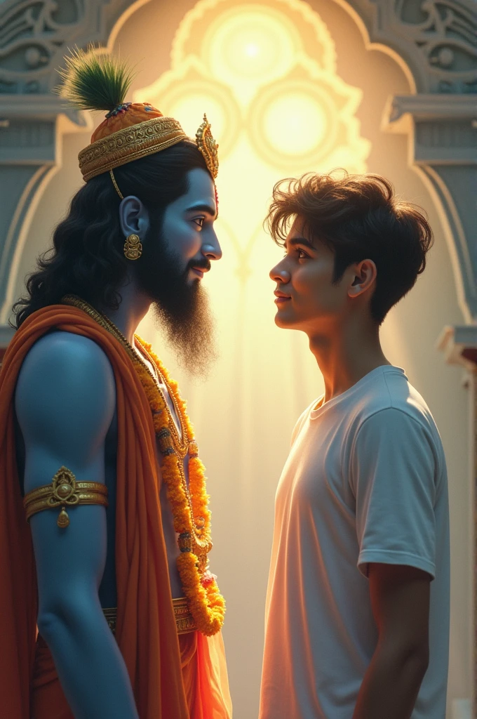 A college student named Harish in his Tshirt getting blessings from lord Krishna in his dream and smiling 
