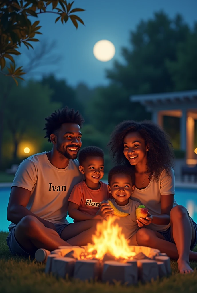 jeune homme noir et son amoureux souriant accompagné de leurs enfants jumeaux fille et garçon regardant un film en plein air dans le beau jardin de la grande cour de leur belle maisons tout en grillant de la viande.
Il est écrit sur le t-shirt de l’homme Ivan et sur celui de son amoureux Florence
La tient une pomme à main et le une banane.
Il sont installés autour du feu dans leur beau jardin en pleine lune pour un cinéma en famille
On peut observer de la piscine à côté